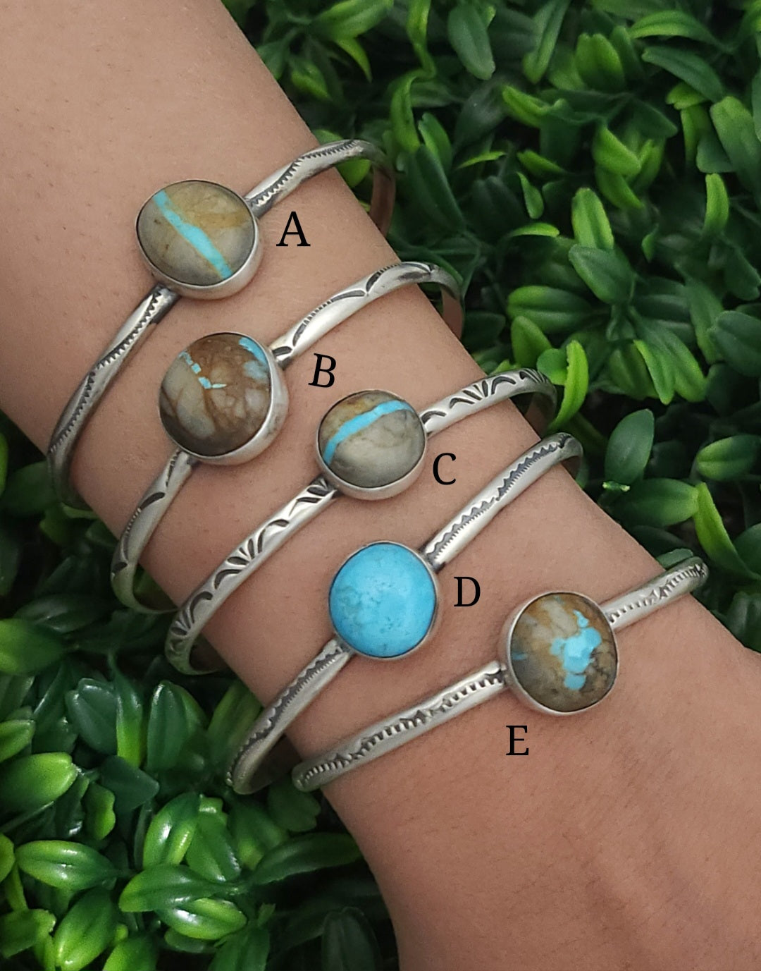 Stamped Sterling Silver Boulder Turquoise Stacker Cuff Bracelets