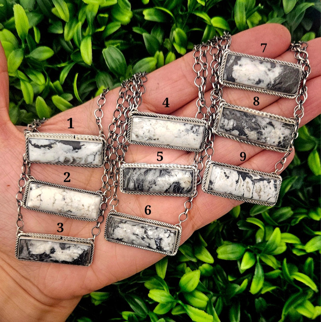 Stamped Sterling Silver Rope Twist White Buffalo Bar Necklaces