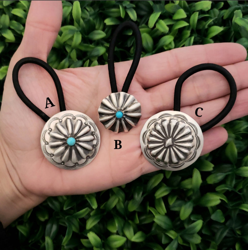 Sterling Silver Turquoise Concho Hair Tie Ponytail Holders