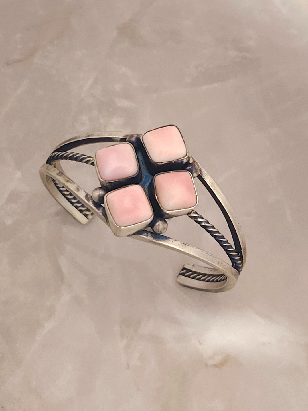 Stamped Sterling Silver Stone Pink Conch Shell Cuff Bracelet