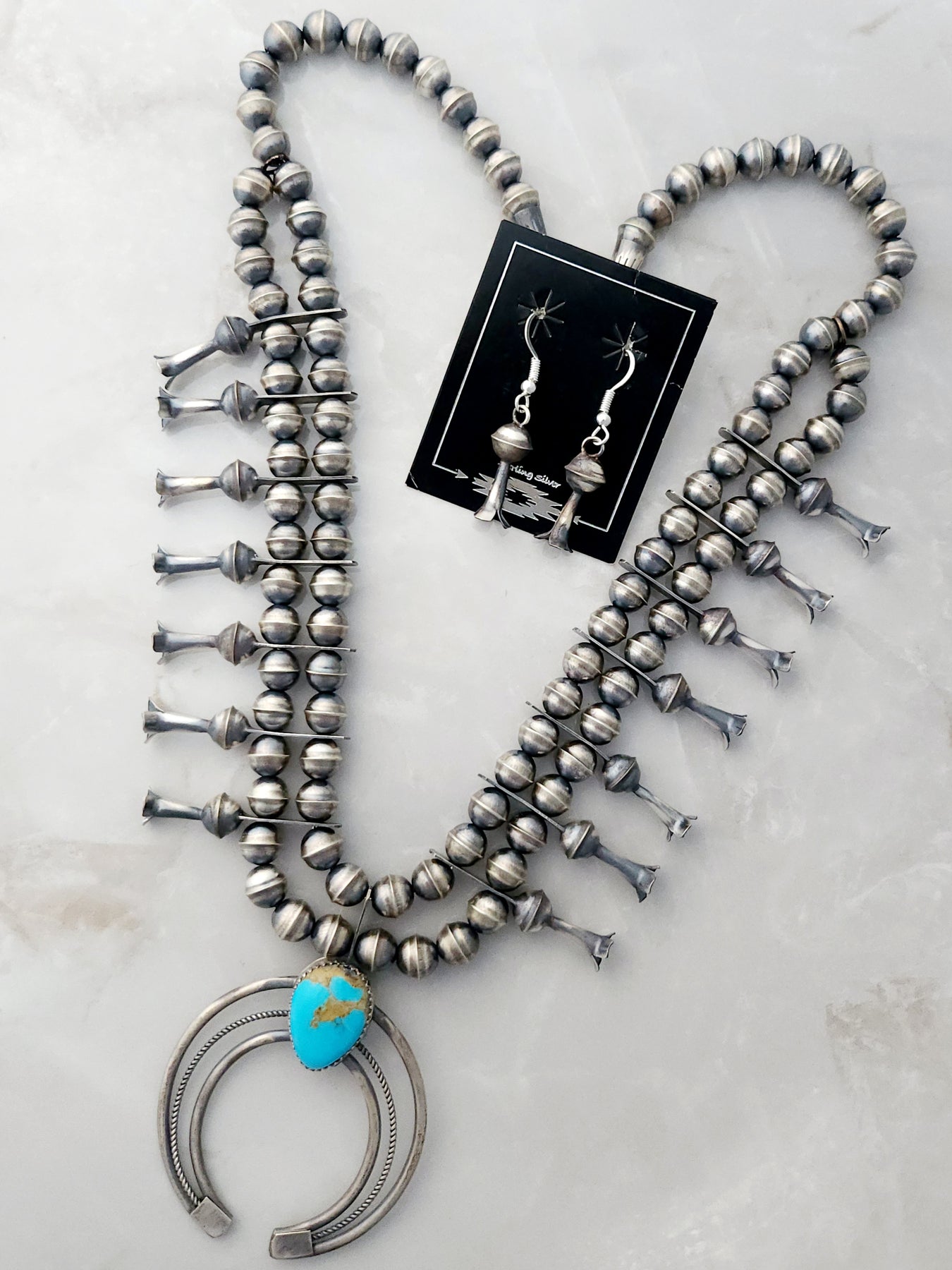 Phil Garcia Sterling Silver Oxidized Turquoise Squash Blossom Necklace