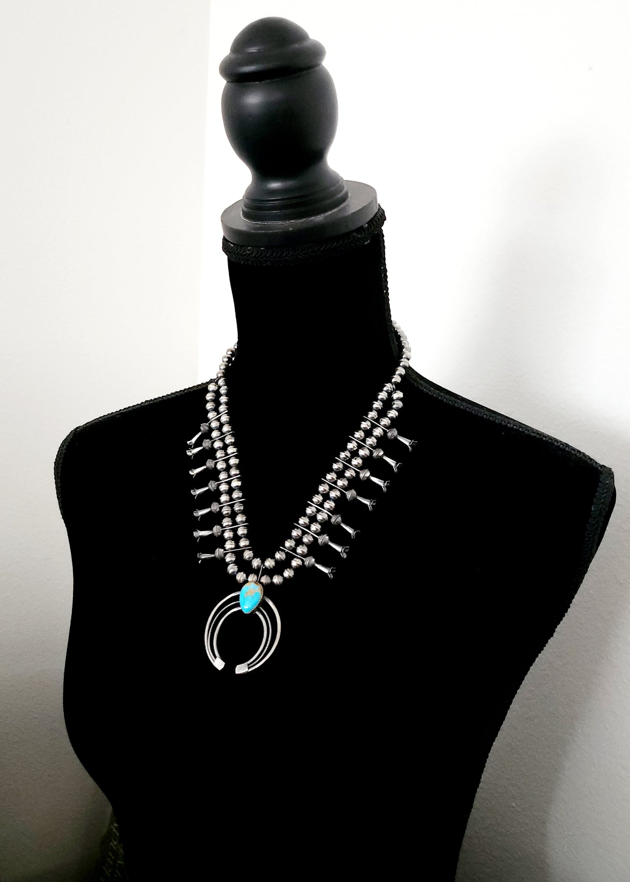 Phil Garcia Sterling Silver Oxidized Turquoise Squash Blossom Necklace